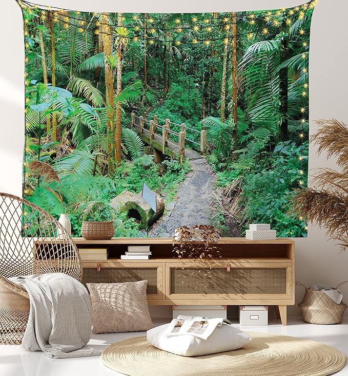 Ambesonne Puerto Rico Tapestry Queen Size, Tropical Rain Forest in San Juan Exotic Jungle Nature Photography, Wall Hanging Bedspread Bed Cover Wall Decor, 88" X 88", Green Pale Brown Ginger