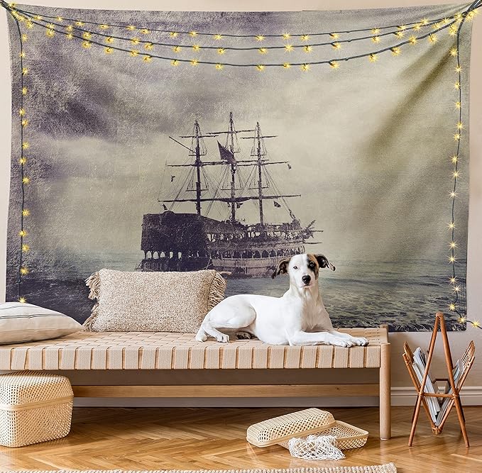 Ambesonne Nautical Tapestry Queen Size, Old Pirate Ship in the Sea Historical Cruise Retro Voyage Grunge Style Art, Wall Hanging Bedspread Bed Cover Wall Decor, 88" X 88", Tan Plum