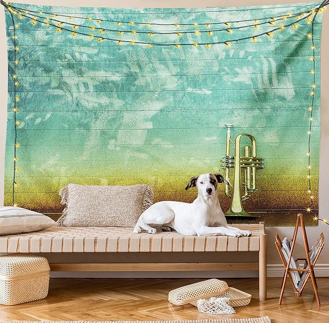 Ambesonne Music Tapestry Twin Size, Old Aged Worn Single Trumpet Stands Alone Against a Faded Wall Jazz Theme Photo, Wall Hanging Bedspread Bed Cover Wall Decor, 68" X 88", Teal Brown