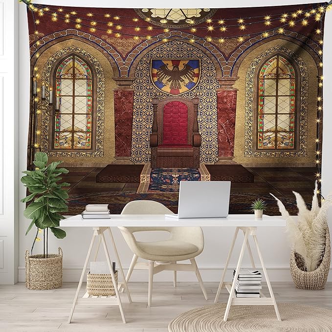 Ambesonne Gothic Tapestry, Red Medieval in Chapel Eagle Portrait on Wall Fantasy Building Print, Wide Wall Hanging for Bedroom Living Room Dorm, 60" X 40", Brown Ruby