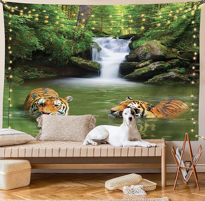 Ambesonne Savannah Tapestry Twin Size, Siberian Tigers in Water Waterfall Pool Woodland Swimming Natural, Wall Hanging Bedspread Bed Cover Wall Decor, 68" X 88", Reseda Green Orange