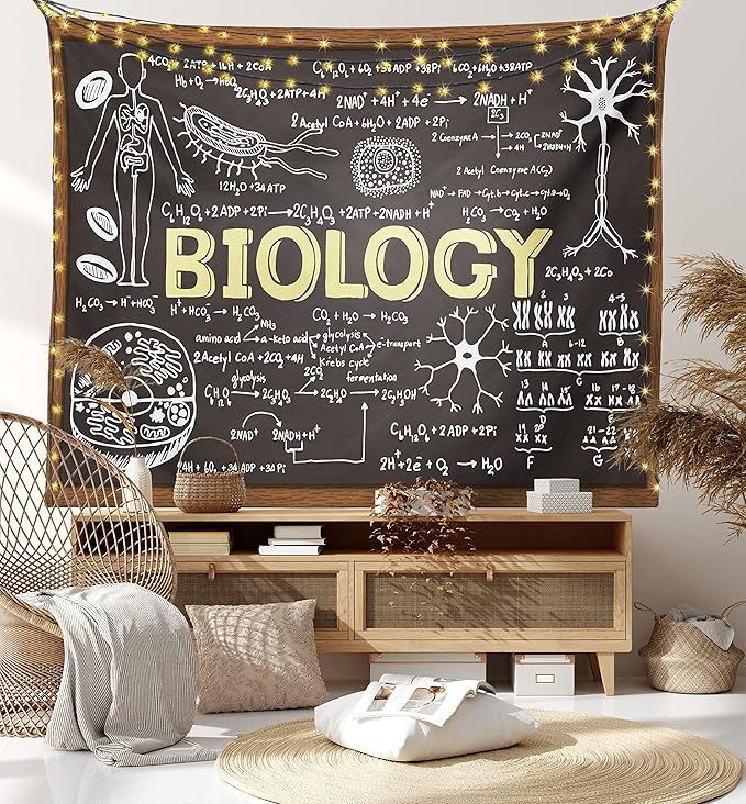 Ambesonne Science Tapestry, Black Chalkboard Biology Hand Written, Wall Hanging for Bedroom Living Room Dorm Decor, 40" X 60", Black Brown Pale Yellow