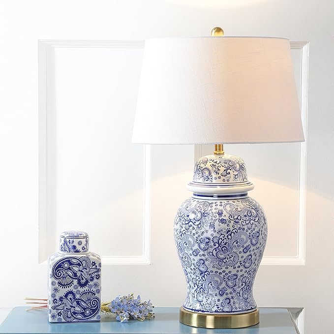 JONATHAN Y 29.5" Blue/White Ceramic Table Lamp for Living Room and Office, White Linen Drum Shade, Traditional Chinoiserie Ginger Jar Lamp, LED Bulb Included JYL3008A