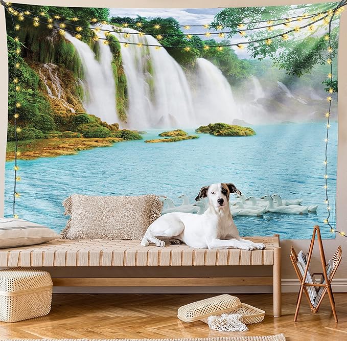 Ambesonne Waterfall Tapestry King Size, Image of a Grand Waterfall with Swans in the Lake Sunny Day Nature Print, Wall Hanging Bedspread Bed Cover Wall Decor, 104" X 88", White Green