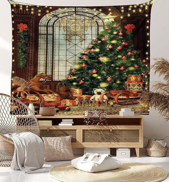 Ambesonne Christmas Tapestry Twin Size, Vintage Ambiance Big Old Fashioned Window Xmas Tree Various Presents, Wall Hanging Bedspread Bed Cover Wall Decor, Twin Size, Brown Red Green