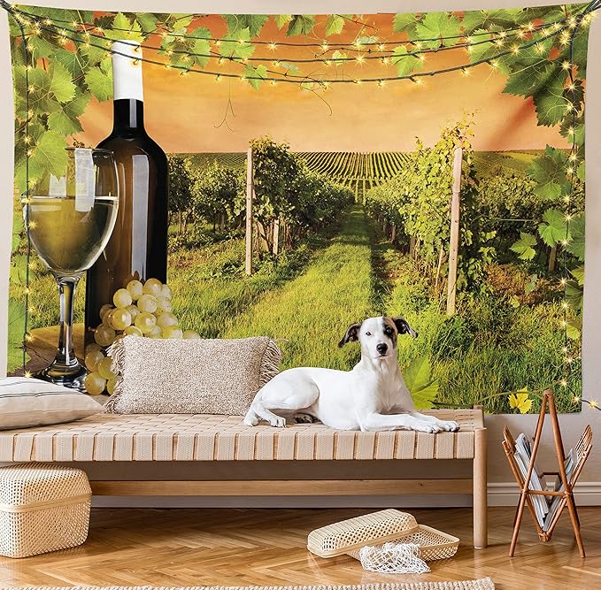 Ambesonne Winery Tapestry King Size, Bottle and Glass of Wine and Vineyards of Sunset Countryside Romantic Evening View, Wall Hanging Bedspread Bed Cover Wall Decor, 104" X 88", Orange Green