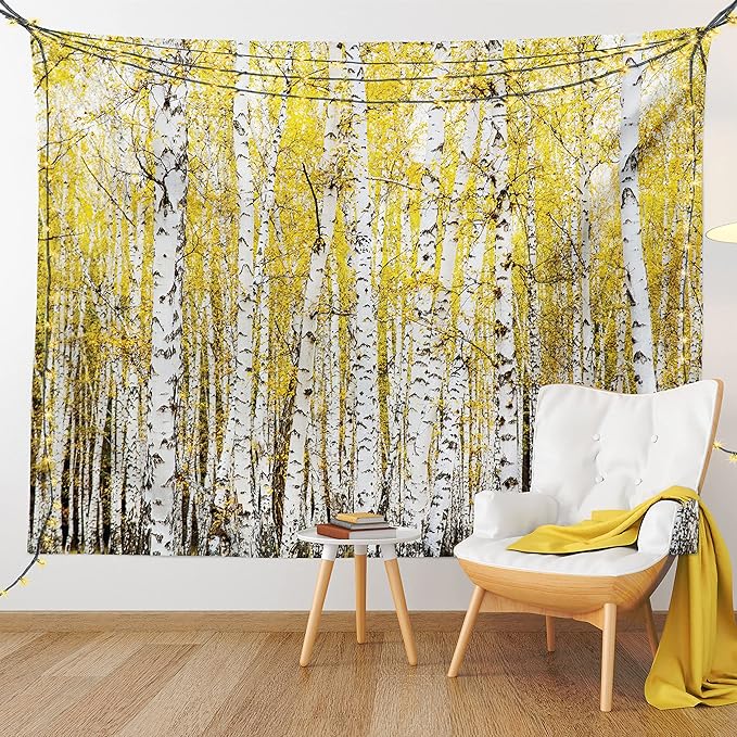 Ambesonne Forest Tapestry Twin Size, Autumn Birch Forest Golden Yellow Leaves Woodland October Seasonal Nature Picture, Wall Hanging Bedspread Bed Cover Wall Decor, 68" X 88", Yellow Grey
