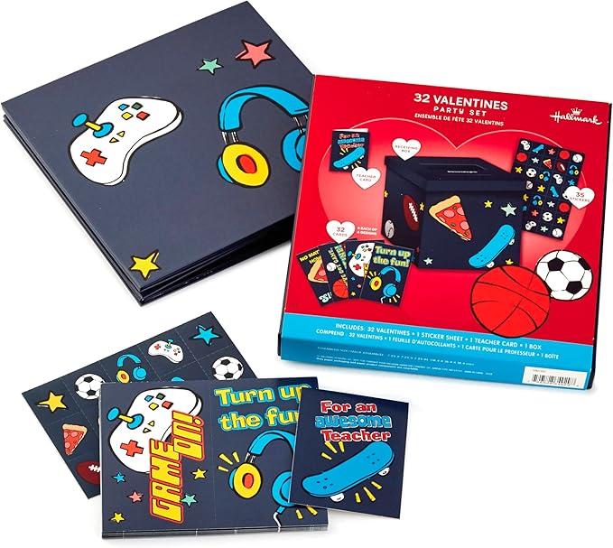 Hallmark Boys Valentines Day Cards and Mailbox for Kids School Classroom Exchange, Games and Sports (1 Box, 32 Valentine Cards, 35 Stickers, 1 Teacher Card)