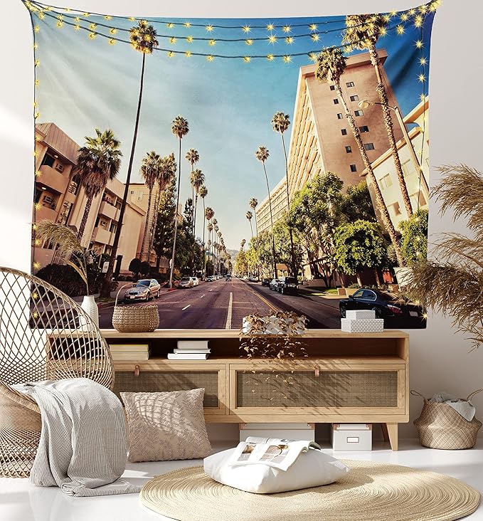 Ambesonne Urban Tapestry King Size, Street in Beverly Hills CaliforniPalm Trees Houses Famous City Photo, Wall Hanging Bedspread Bed Cover Wall Decor, 104" X 88", Pale Blue Peach Green