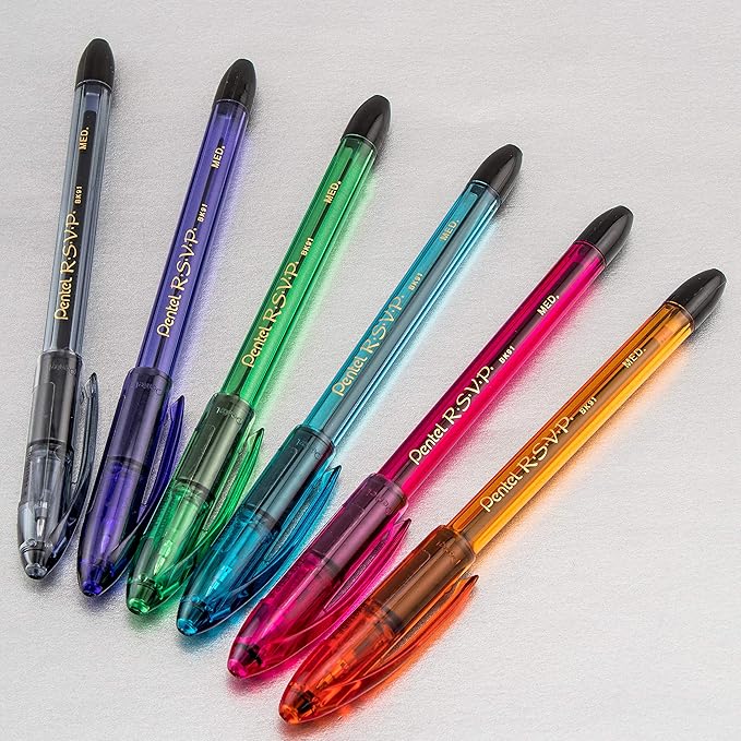 Pentel RSVP Razzle-Dazzle Ballpoint Pen, (1.0mm) Medium Line, Orange Barrel, Black Ink, Box of 12 (BK91RDF-A)