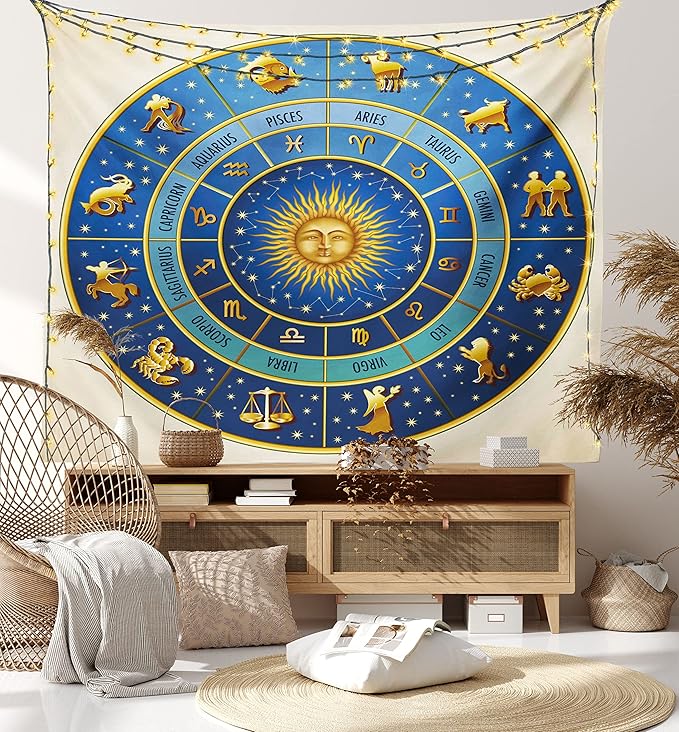 Ambesonne Astrology Tapestry, Wheel of Astrological Signs Names Dates Moon Sun in Middle, Fabric Wall Hanging Decor for Bedroom Living Room Dorm, 30" X 45", Blue Yellow and Cream