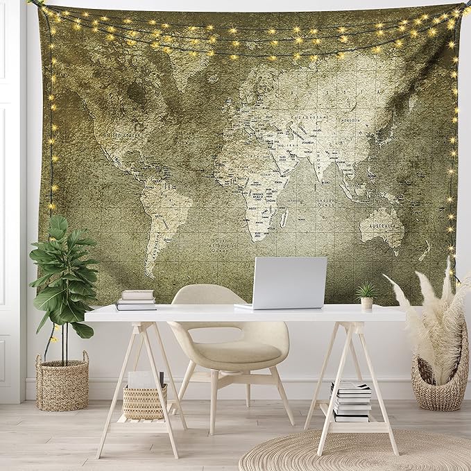 Ambesonne Antique Tapestry King Size, Old World Map Texture Nostalgic Plan Atlas Trace of Life, Wall Hanging Bedspread Bed Cover Wall Decor, 104" X 88", Khaki Beige
