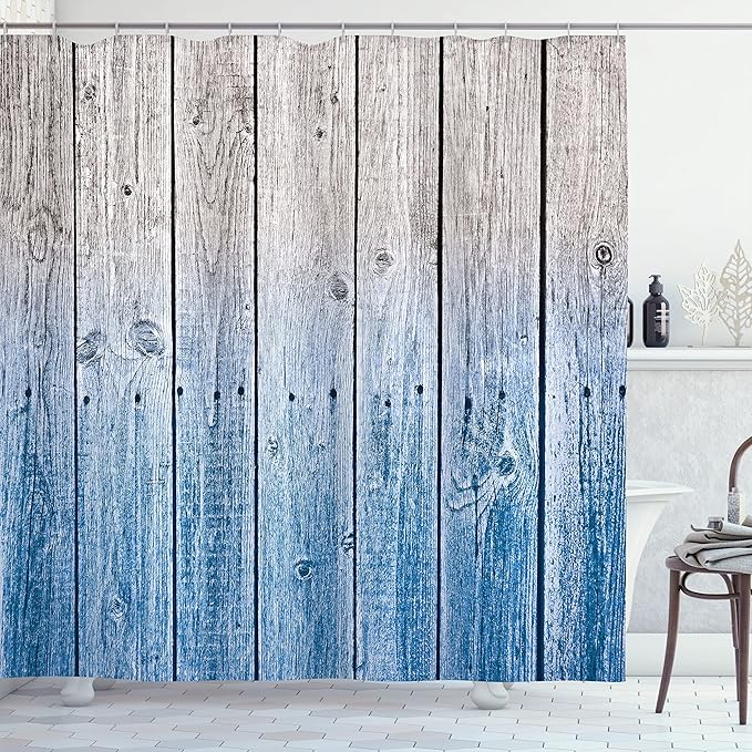 Ambesonne Rustic Shower Curtain, Wood Panels Background Digital Tones Effect Country House Art Image, Cloth Fabric Bathroom Decor Set with Hooks, 69" W x 75" L, Azure Blue