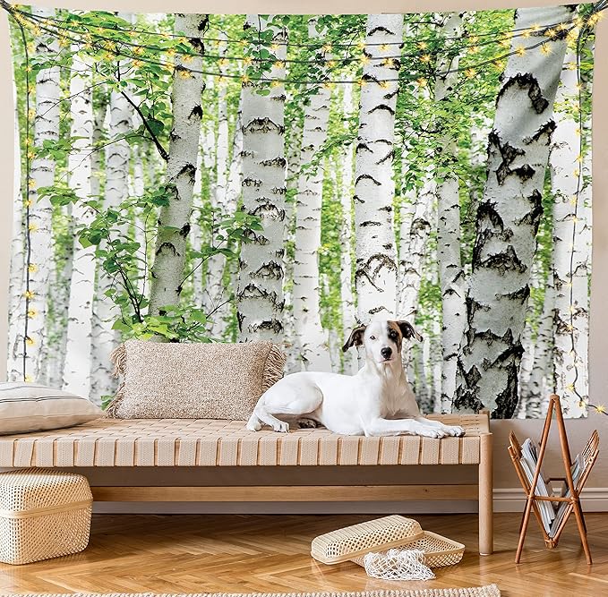 Ambesonne Woodland Tapestry, Birch Trees in The Forest Summertime Wildlife Nature Outdoors Themed Picture, Fabric Wall Hanging Decor for Bedroom Living Room Dorm, 23" X 28", White Green