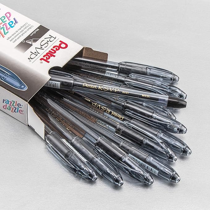 Pentel RSVP Razzle-Dazzle Ballpoint Pen, (1.0mm) Medium Line, Black Barrel, Black Ink, Box of 12 (BK91RDA-A)