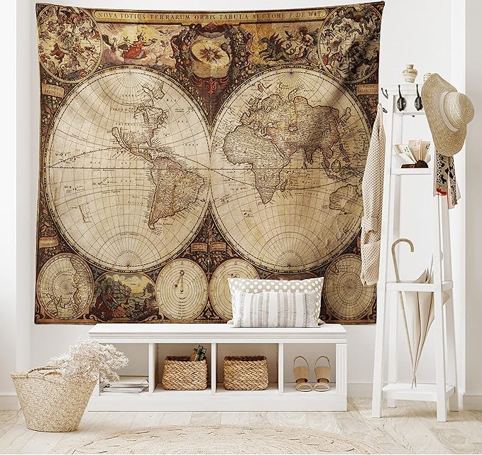 Ambesonne World Map Tapestry, Old World Map Drawn in 1720s Nostalgic Style Art Historical Atlas Vintage Design, Fabric Wall Hanging Decor for Bedroom Living Room Dorm, 45" X 30", Multicolor