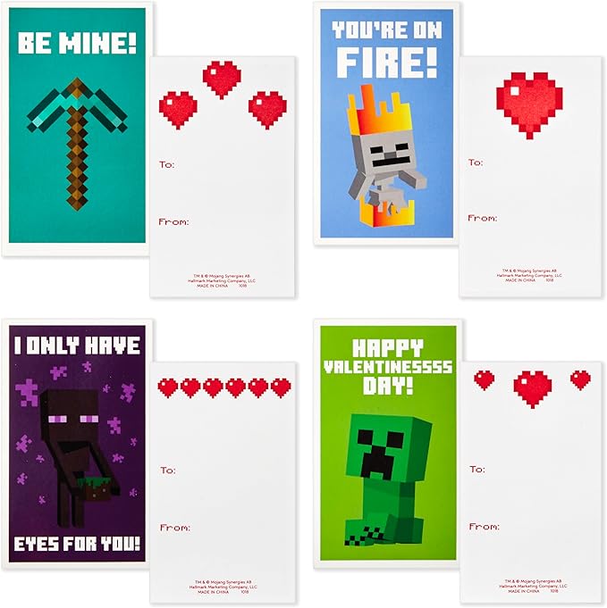 Hallmark Minecraft Valentines Day Cards and Mailbox for Kids School Classroom Exchange (1 Box, 32 Valentine Cards, 35 Stickers, 1 Teacher Card)