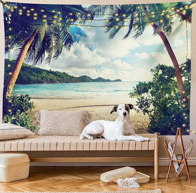 Ambesonne Palm Tree Tapestry Queen Size, Summer Beach Vintage Style Tropical Sunset Picture Print, Wall Hanging Bedspread Bed Cover Wall Decor, 88" X 88", Dark Green Sand Brown