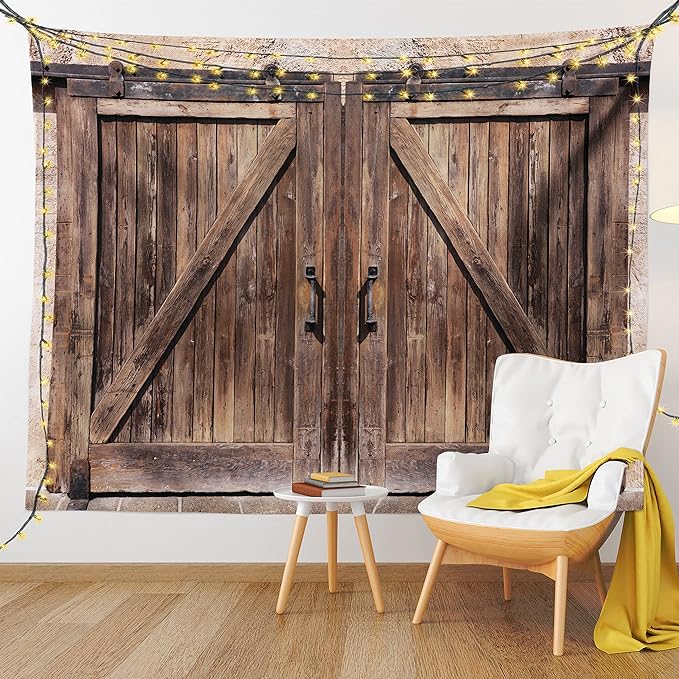 Ambesonne Rustic Tapestry, Wooden Barn Door in Stone Farmhouse Image Vintage Desgin Rural Art Architecture Print, Wide Wall Hanging for Bedroom Living Room Dorm, 60" X 40", Cream Brown