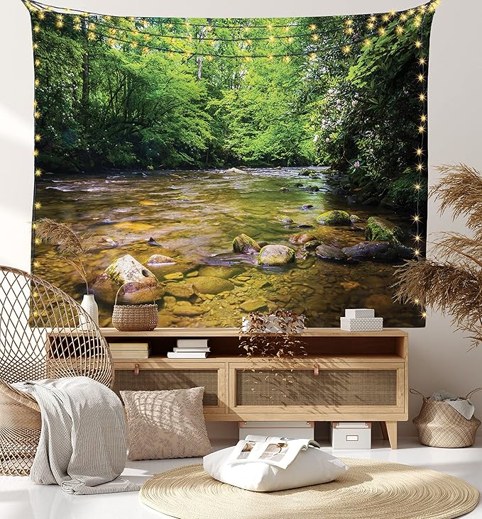 Ambesonne Appalachian Tapestry, Oconaluftee River at Smoky Mountains National Park, Fabric Wall Hanging Decor for Bedroom Living Room Dorm, 45" X 30", Lime Green Charcoal Grey
