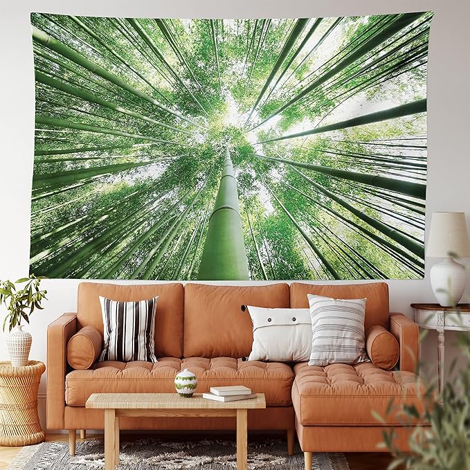 Ambesonne Forest Tapestry King Size, Tropical Rain Forest Tall Trees in Exotic Style Nature Theme Image Sky from Woodland, Wall Hanging Bedspread Bed Cover Wall Decor, 68" X 88", Green