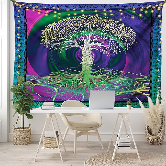 Ambesonne Nature Tapestry, Digital Psychedelic Tree of Life Turning Gothic Background Mystery Display, Fabric Wall Hanging Decor for Bedroom Living Room Dorm, 28" X 23", Fuchsia Purple