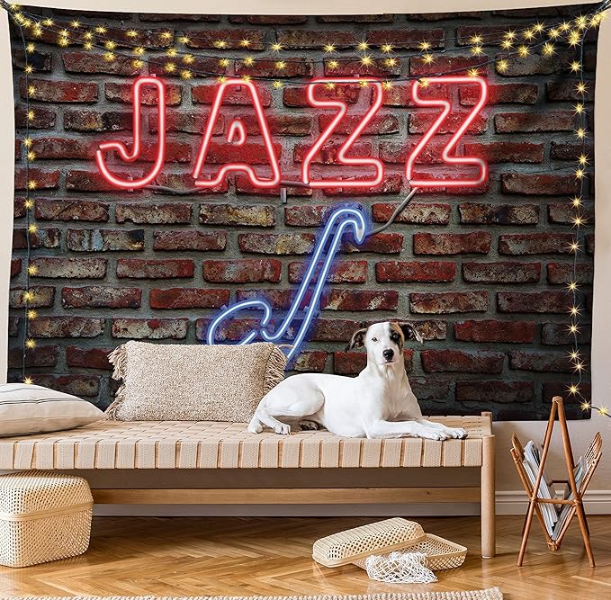 Ambesonne Music Tapestry, Image of Alluring Neon All Jazz Sign Saxophone Instrument on Brick Wall Print, Fabric Wall Hanging Decor for Bedroom Living Room Dorm, 30" X 45", Red Blue