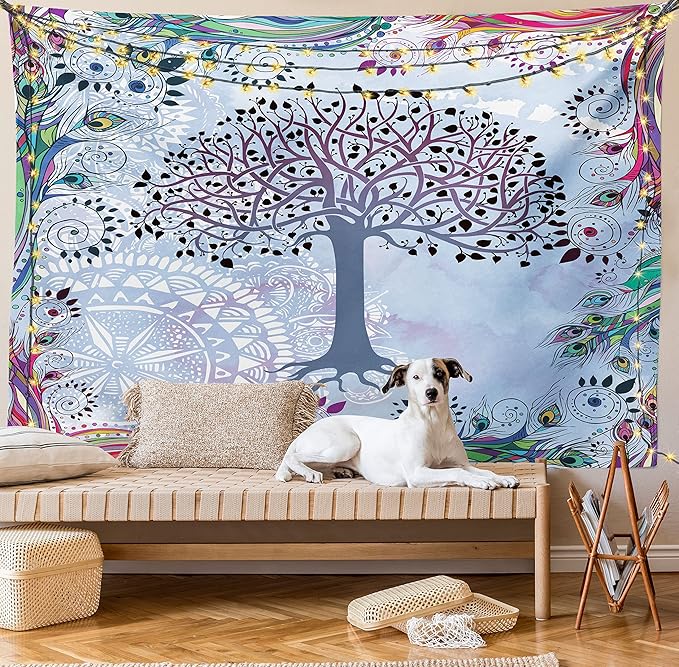 Ambesonne Nature Tapestry, Tree of Life Motif Peacock Feathers Tribal Vintage Prehistoric Flora Illustration, Wall Hanging for Bedroom Living Room Dorm Decor, 40" X 60", Blue