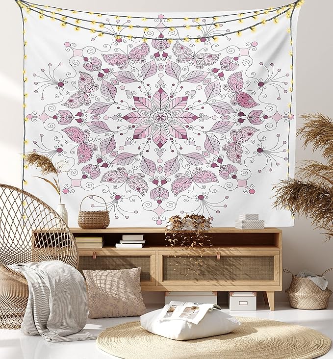 Ambesonne Mandala Tapestry, Lacy Inspired Pastel Floral Motif with Butterfly and Lotus Branches Design, Wall Hanging for Bedroom Living Room Dorm Decor, 40" X 60", White Pale Pink