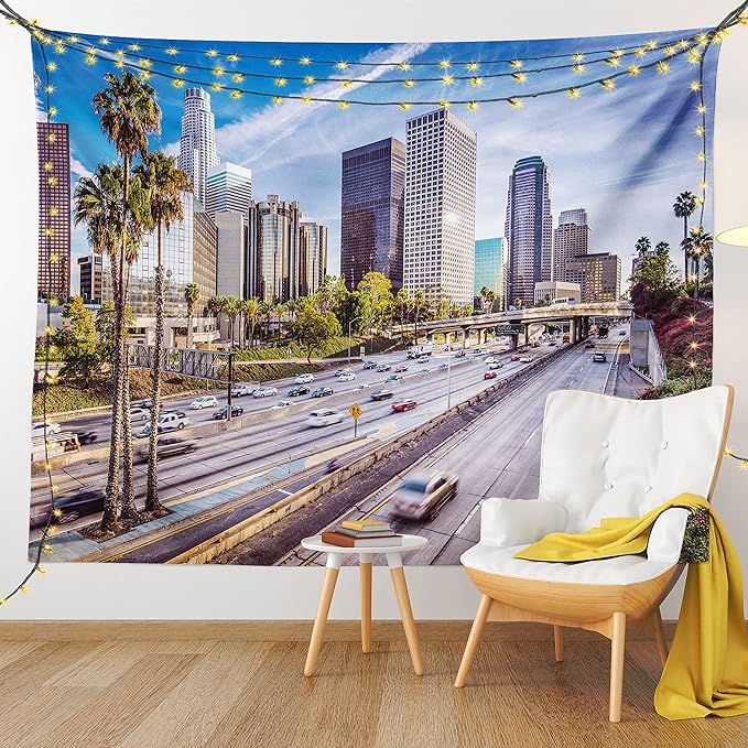 Ambesonne Travel Tapestry, Downtown Cityscape of Los Angeles California USA Avenue Buildings Palms Print, Wall Hanging for Bedroom Living Room Dorm Decor, 60" X 80", Blue Grey Green