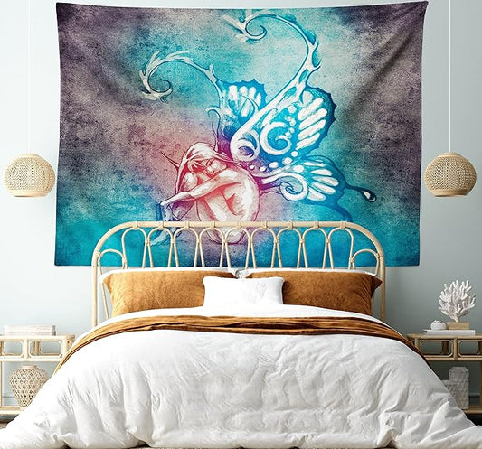 Ambesonne Butterfly Tapestry King Size, with Butterfly Wings Renewal Female Rebirth Psyche Lightness of Being, Wall Hanging Bedspread Bed Cover Wall Decor, 104" X 88", Blue Purple