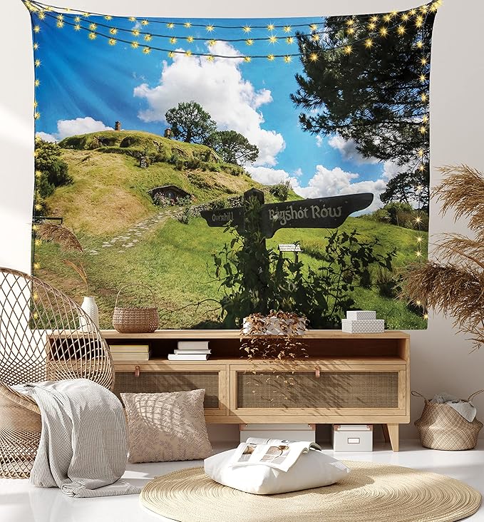 Ambesonne Hobbits Tapestry, Overhill Hobbit Village in Matamata New Zealand Fantasy Scene House Image Print, Fabric Wall Hanging Decor for Bedroom Living Room Dorm, 45" X 30", Green Blue