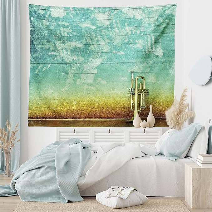 Ambesonne Music Tapestry King Size, Old Aged Worn Single Trumpet Stands Alone Against a Faded Wall Jazz Theme Photo, Wall Hanging Bedspread Bed Cover Wall Decor, 104" X 88", Teal Brown