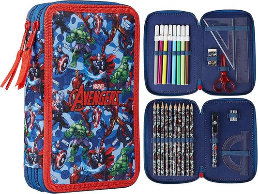 Marvel Boy's Pencil Case, Pencil Case with Compartments Filled School Supplies, Felt, Coloured Pencil, Spiderman Avengers Back to School Gift