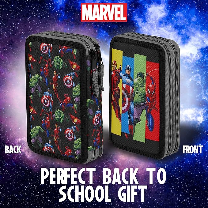 Marvel Boy's Pencil Case, Pencil Case with Compartments Filled School Supplies, Felt, Coloured Pencil, Spiderman Avengers Back to School Gift