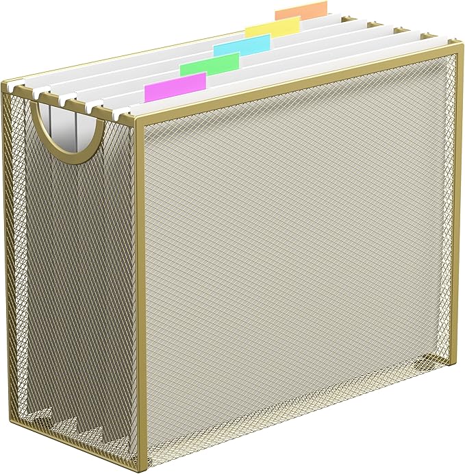 Hanging File Organizer, Letter-Size File Holder Filing Box with 5 Hanging Folders, Metal Mesh Desk File Folder Storage(No Assembly Required) (Gold)