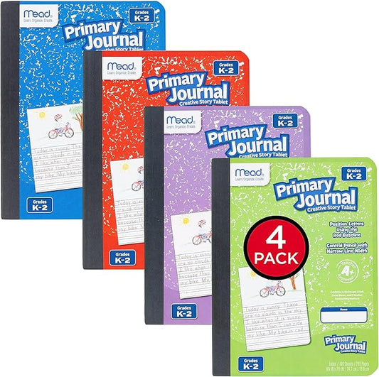Mead Primary Journal, 4 Pack, Half Page Ruled, Grades K-2, 7-1/2" x 9-3/4", 100 Sheets per Journal, Assorted Colors (610051-ECM)