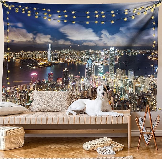 Ambesonne Cityscape Tapestry, Night View Hong Kong Victoria Harbor Business Financial District Cityscape Print, Wall Hanging for Bedroom Living Room Dorm Decor, 40" X 60", White Indigo