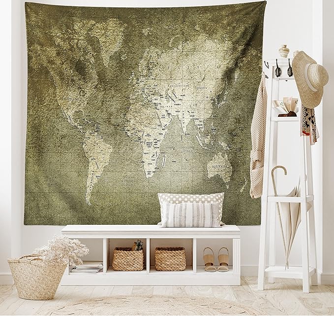 Ambesonne Antique Tapestry King Size, Old World Map Texture Nostalgic Plan Atlas Trace of Life, Wall Hanging Bedspread Bed Cover Wall Decor, 104" X 88", Khaki Beige