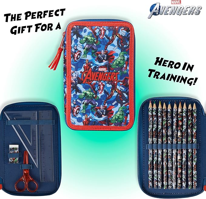 Marvel Boy's Pencil Case, Pencil Case with Compartments Filled School Supplies, Felt, Coloured Pencil, Spiderman Avengers Back to School Gift