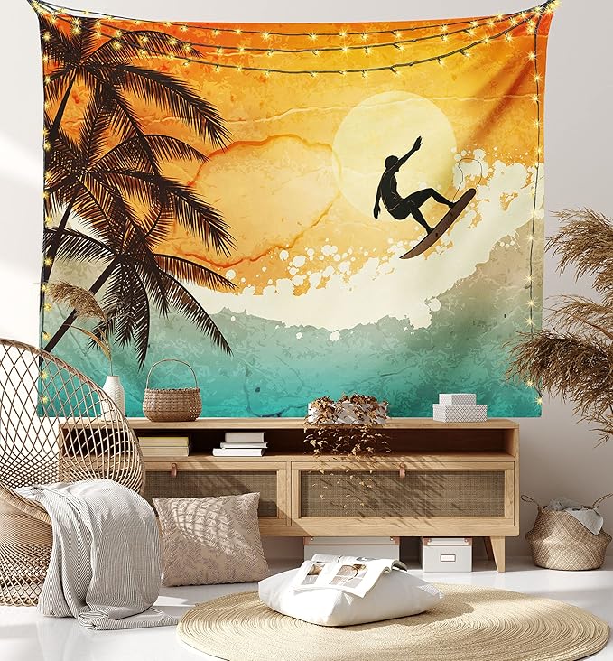 Ambesonne Grunge Tapestry, Illustration of Tropical Island Surfer on Sea Waves and Palms at Sunset, Wall Hanging for Bedroom Living Room Dorm Decor, 40" X 60", Orange Turquoise Black