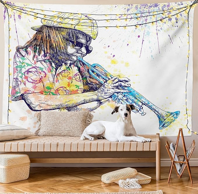 Ambesonne Jazz Music Tapestry, Illustration of Trumpeter with Paint Splashes at the Background Entertainment, Wall Hanging for Bedroom Living Room Dorm Decor, 40" X 60", Purple Yellow
