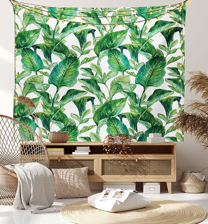 Ambesonne Leaf Tapestry King Size, Romantic Holiday Island Hawaiian Banana Trees Watercolored Image, Wall Hanging Bedspread Bed Cover Wall Decor, 104" X 88", Forest Green