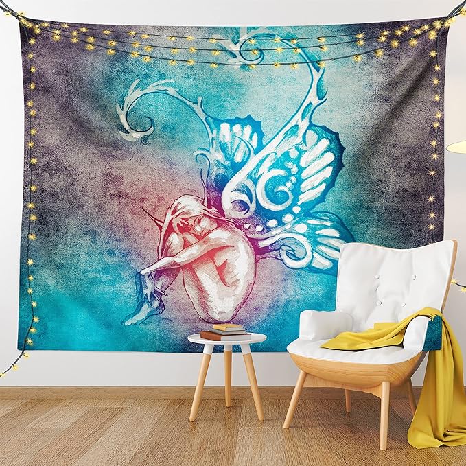 Ambesonne Butterfly Tapestry, with Butterfly Wings Renewal Female Rebirth Psyche Lightness of Being, Fabric Wall Hanging Decor for Bedroom Living Room Dorm, 23" X 28", Blue Purple