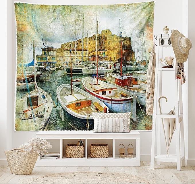 Ambesonne Marine Tapestry, Naples Small Boats at Historical Italian Coast Heritage Castle Nautical Art, Wide Wall Hanging for Bedroom Living Room Dorm, 60" X 40", Earth Yellow