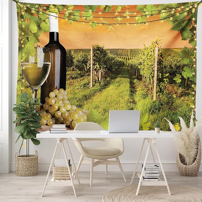 Ambesonne Winery Tapestry Queen Size, Bottle and Glass of Wine and Vineyards of Sunset Countryside Romantic Evening View, Wall Hanging Bedspread Bed Cover Wall Decor, 88" X 88", Orange Green