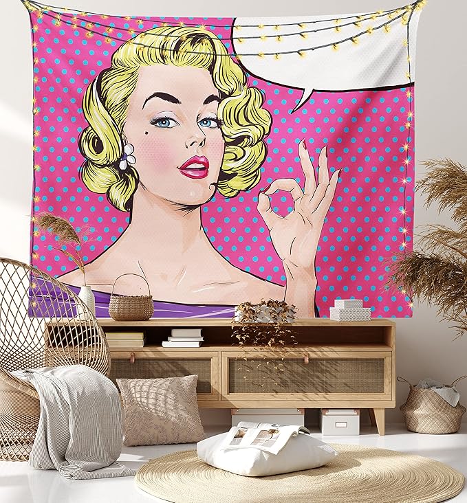 Ambesonne Vintage Tapestry, Pop Art Blonde Woman Making OK Sign on Dotted Background Retro Comic Book Design, Fabric Wall Hanging Decor for Bedroom Living Room Dorm, 30" X 45", Pink Blue