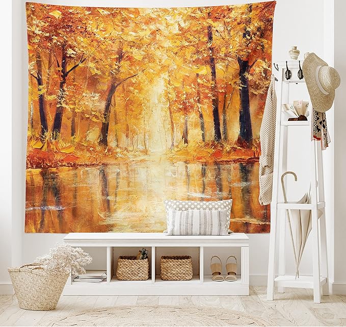Ambesonne Country Tapestry, Painting of a Forest by the Small Lake in Autumn Pale Fall Trees and Leaves Art, Wide Wall Hanging for Bedroom Living Room Dorm, 80" X 60", Brown Orange