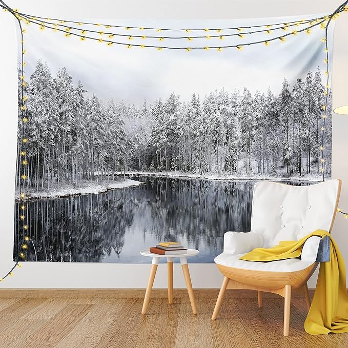 Ambesonne Woodland Tapestry Twin Size, Lake Surrounded by Snow Covered Trees on a Cold Winter Day in Finland Reflections, Wall Hanging Bedspread Bed Cover Wall Decor, 68" X 88", White Brown