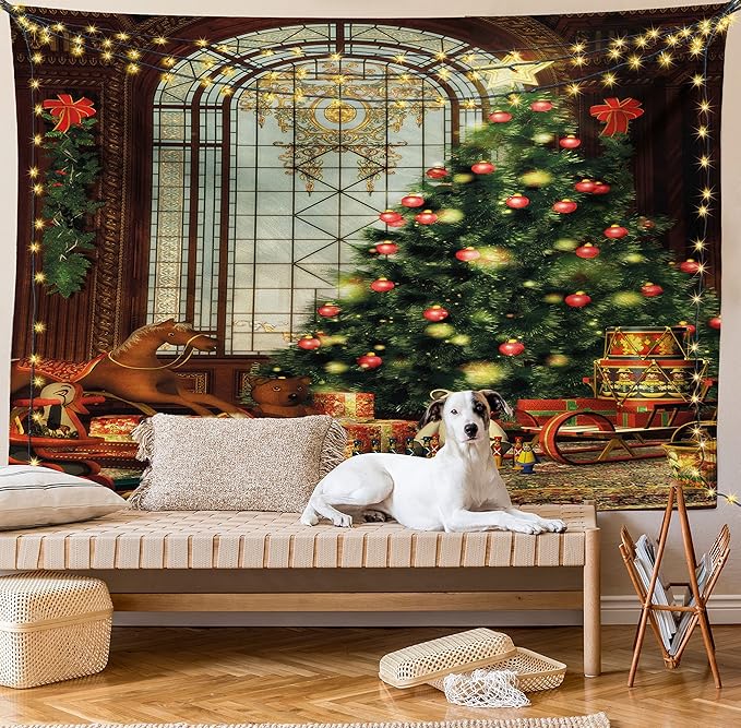 Ambesonne Christmas Tapestry Twin Size, Vintage Ambiance Big Old Fashioned Window Xmas Tree Various Presents, Wall Hanging Bedspread Bed Cover Wall Decor, Twin Size, Brown Red Green